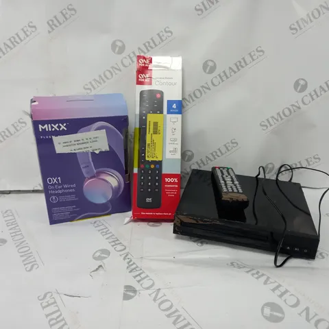 APPROXIMATELY 20 ASSORTED ITEMS TO INCLUDE MIXX OX1 WIRED HEADPHONES, UNIVERSAL REMOTE, DVD PLAYER ETC. 