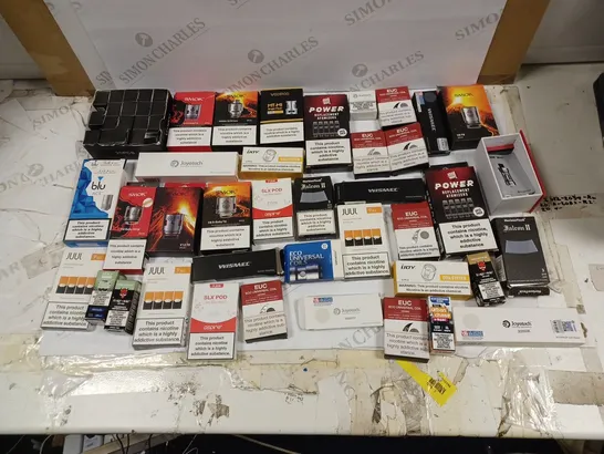 LOT OF APPROXIAMTELY 20 E-CIGARETTE ACCESSORIES AND PARTS TO INCLUDE SMOK V8-T8 3PCS, JUUL MANGO NECTAR JUUL PODS, AND SLX POD ARTIC WATER MELON 2.0ML ETC. 