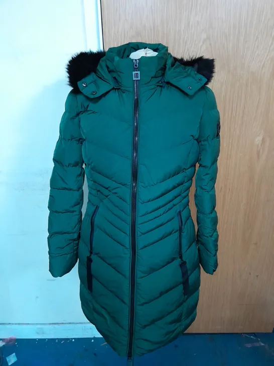 RUIMING PUDDED COAT IN DARK GREEN WITH BLACK FUR TRIM SIZE XS