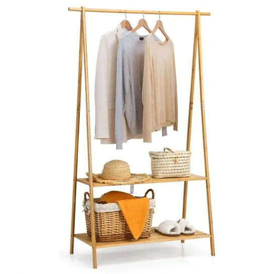 BOXED COSTWAY BAMBOO CLOTHES HANGING RACK WITH 2-TIER STORAGE SHELF FOR ENTRYWAY BEDROOM