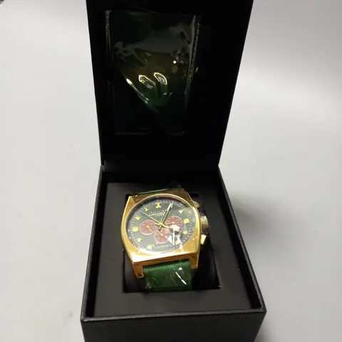 GAMAGES RETRO CALIBRE GOLD GREEN WATCH 