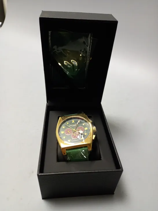 GAMAGES RETRO CALIBRE GOLD GREEN WATCH 