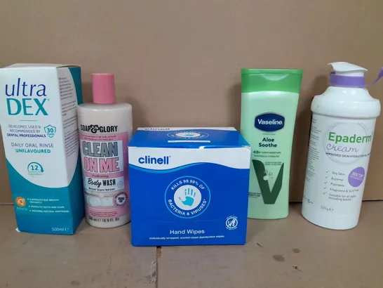 BOX OF APPROX 15 ASSORTED HEALTH AND BEAUTY ITEMS TO INCLUDE - ULTRA DEX ORAL RINSE , CLINELL HAND WIPES , VASELINE ALOE SOOTHE HYDRATING LOTION ETC