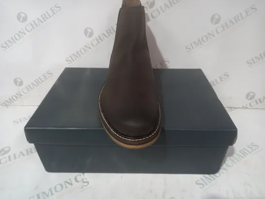 BOXED PAIR OF CREW CLOTHING COMPANY PARKER LEATHER CHELSEA BOOTS IN CHOCOLATE EU SIZE 43