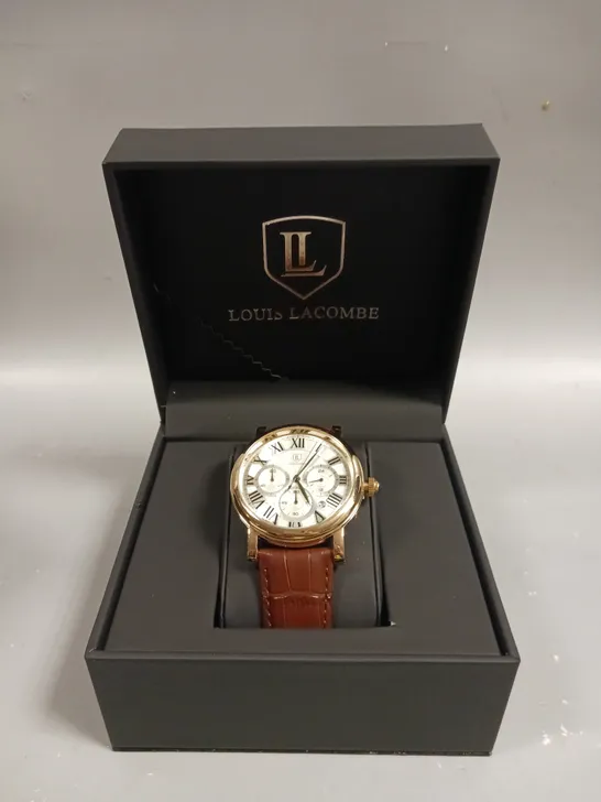 MENS LOUIS LACOMBE CHRONOGRAPH WATCH – MULTI FUNCTION DIAL WITH DATE – ROMAN NUMERAL DIAL – LEATHER STRAP