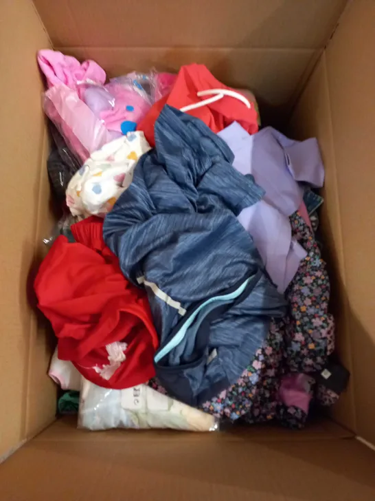 LARGE BOX OF ASSORTED KIDS CLOTHING ITEMS TO INCLUDE BAGS, BABY GROWS AND DRESSES