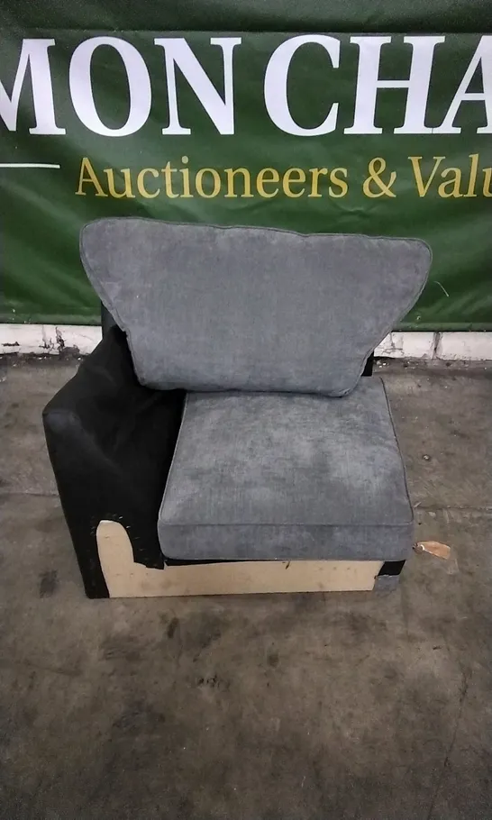 BLACK LEATHER ARMCHAIR WITH GREY CUSHIONS (MISSING ARM)