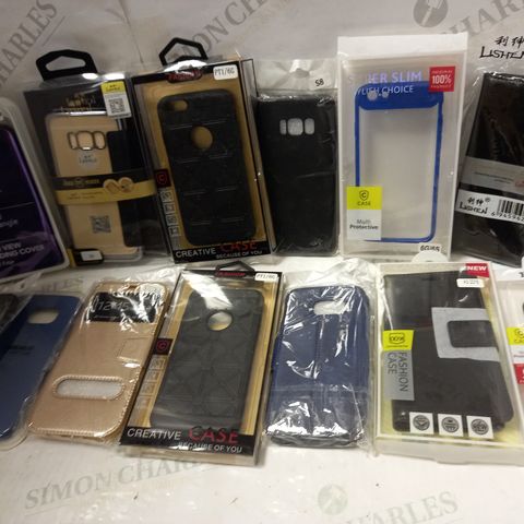 LOT OF APPROX 25 ASSORTED PHONE CASES TO INCLUDE S8 BLACK LEATHER FLIP CASE, S6 BLACK SILICONE CASE, S7 EDGE GOLD LEATHER FLIP CASE, ETC