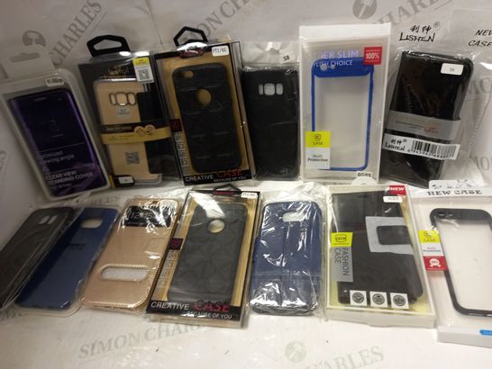 LOT OF APPROX 25 ASSORTED PHONE CASES TO INCLUDE S8 BLACK LEATHER FLIP CASE, S6 BLACK SILICONE CASE, S7 EDGE GOLD LEATHER FLIP CASE, ETC