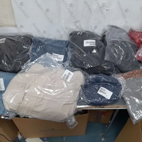 BOX OF APPROXIMATELY 10 ASSORTED BAGGED CLOTHING PIECES IN VARIOUS STYLES AND SIZES 