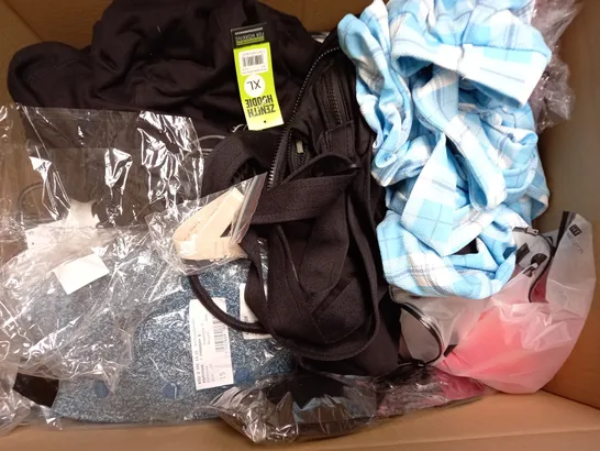 BOX OF APPROXIMATELY 25 ASSORTED CLOTHING ITEMS TO INCLUDE - HAT , BRA , T-SHIRT ETC