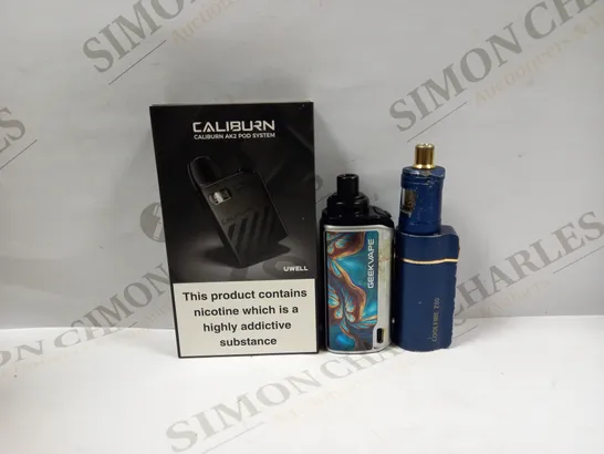 BOX OF APPROXMATELY 26 E-CIGARETTES AND LIQUIDS TO INCLUDE GEEKVAPE OBELISK, CALIBURN AK2 POD SYSTEM, INNOKIN COOLFIRE Z50, ETC