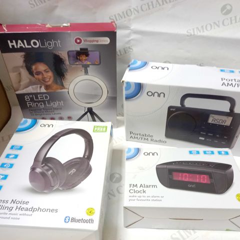 LOT OF APPROX 10 ASSORTED ITEMS TO INCLUDE HALO LIGHT, ONN FM ALARM CLOCK, ONN WIRELESS NOISE CANCELLING HEADPHONES
