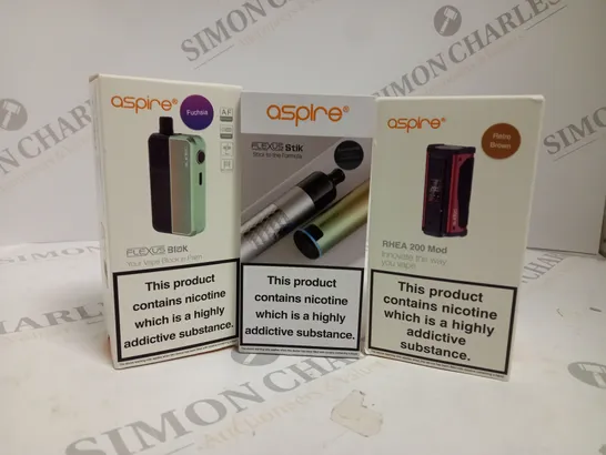 APPROXIMATELY 20 ASSORTED BOXED ASPIRE VAPING PRODUCTS TO INCLUDE RHEA 200 MOD, FLEXUS BLOK, FLEXUS STIK KIT ETC. 