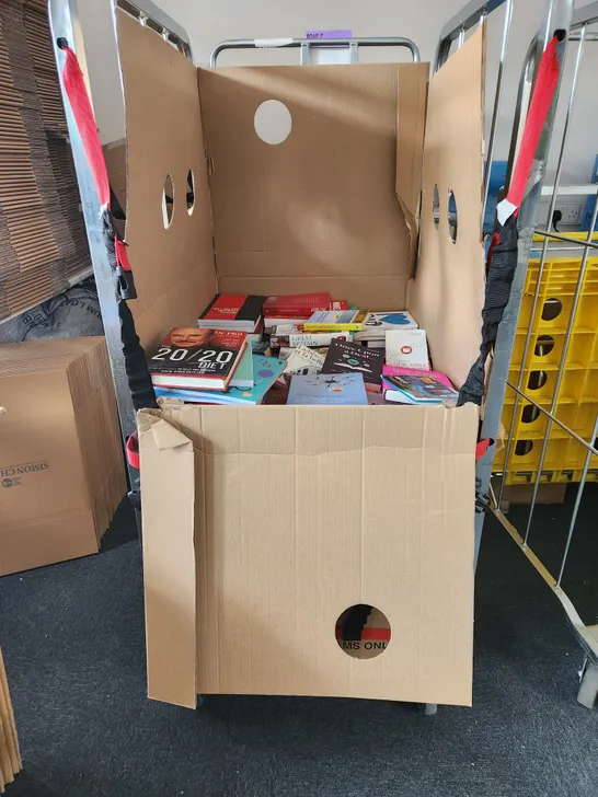 CAGE OF A SIGNIFICANT QUANTITY OF ASSORTED BOOKS BY MAX GLADSTONE, TATSUKI FUJIMOTO, CAITLIN MORAN, JULIA QUINN, ROBERT GREENE, REBECCA BIRELL, ETC