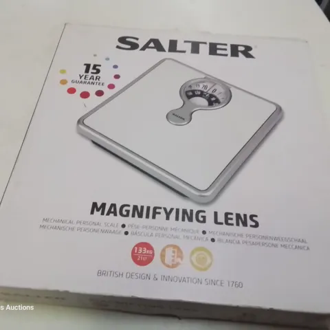 BOXED SALTER MECHANICAL PERSONAL SCALE WITH MAGNIFYING LENS