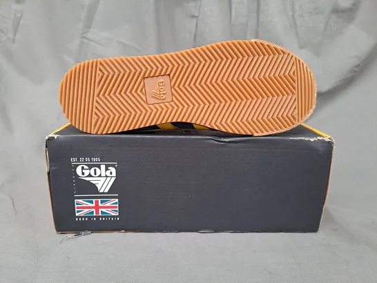 BOXED PAIR OF GOLA HARRIER STRAP SHOES IN NAVY/YELLOW/RED UK SIZE 2