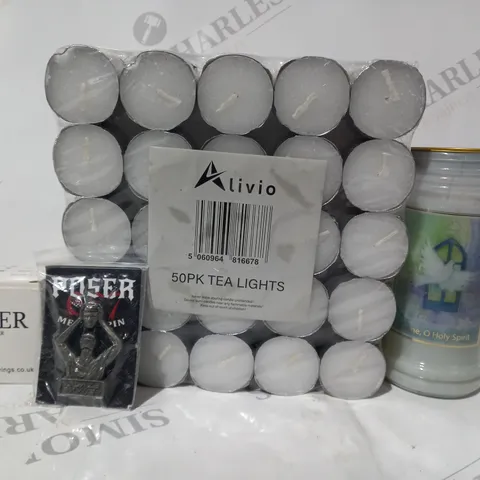 APPROXIMATELY 15 ASSORTED HOUSEHOLD ITEMS TO INCLUDE ALIVIO PACK OF 50 TEA LIGHTS, COME O HOLY SPIRIT CANDLE, VYSER BULB, ETC