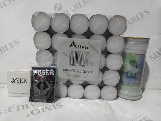 APPROXIMATELY 15 ASSORTED HOUSEHOLD ITEMS TO INCLUDE ALIVIO PACK OF 50 TEA LIGHTS, COME O HOLY SPIRIT CANDLE, VYSER BULB, ETC