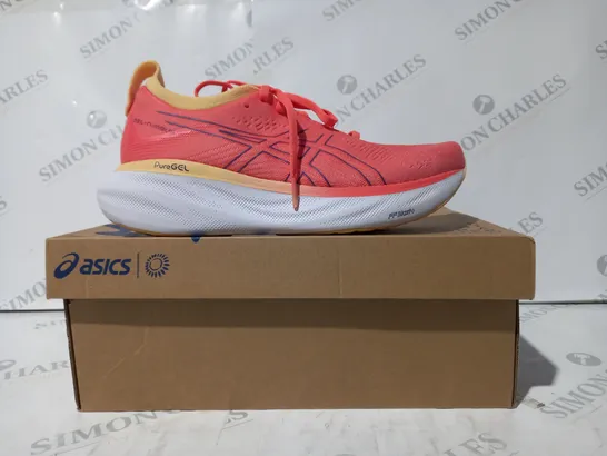 BOXED PAIR OF ASICS GEL-NIMBUS 25 SHOES IN PAPAYA/DUSTY PURPLE UK SIZE 6