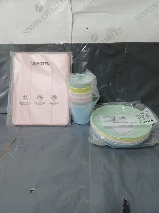 APPROXIMATELY 20 HOUSEHOLD ITEMS TO INCLUDE TABLET COVER, PLASTIC CUPS AND PLATES AND BEDDING