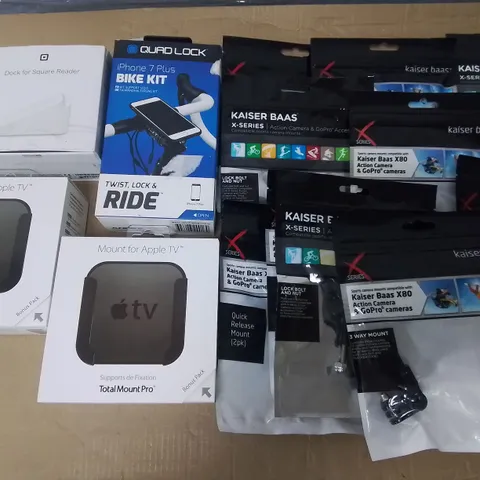 LOT OF ASSORTED TECH ITEMS TO INCLUDE VARIOUS GOPRO ACCESSORIES, QUAD LOCK BIKE KIT FOR IPHONE AND MULTIPLE MOUNTS FOR APPLE TV