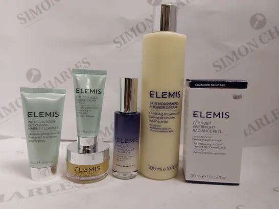 BOX OF APPROX 6 ELEMIS ITEMS TO INCLUDE PEPTIDE OVERNIGHT RADIANCE PEEL, PRO COLLAGEN CLEANSING BALM AND SHOWER CREAM