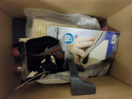 BOX OF APPROX 15 HOUSEHOLD ITEMS TO INCLUDE FEATHER DUSTER, TABLE CLOTH AND BACK MASSAGER