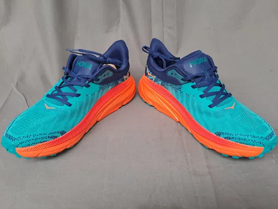 BOXED PAIR OF HOKA CHALLENGER ATR 7 SHOES IN AQUA/ORANGE/NAVY UK SIZE 9