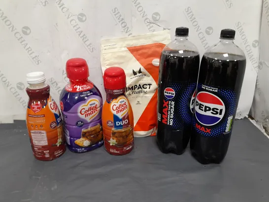 APPROXIMATELY 6 ASSORTED FOOD AND DRINK TO INCLUDE MYPROTEIN IMPACT CREATINE, NESTLE COFFEE MATE ITALIAN SWEET CRÈME, NESTLE COFFEE MATE VANILLA AND CARAMEL, PEPSI MAX