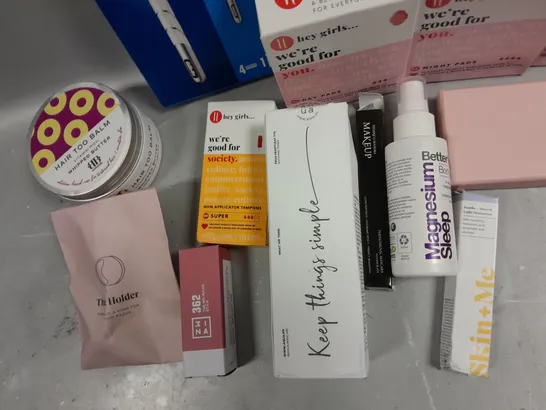 BOX OF APPROXIMATELY 15 COSMETIC ITEMS TO INCLUDE HEY GIRLS DAY PADS, BETTER YOU BOBY SPRAY, FEDERICO MASCARA , ETC 