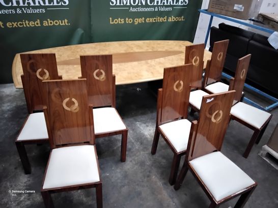 IMPRESSIVE INLAID MAPLE OVAL DINING/BOARD TABLE & SET OF 8 MAHOGANY INLAID DINING CHAIRS