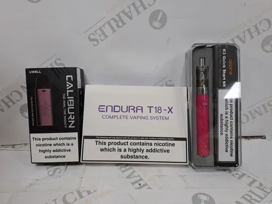 APPROXIMATELY 20 VAPES & E-CIGARETTES TO INCLUDE - ASPIRE K3 QUICK START VAPE - ENDURA T18-X - UWELL CALIBURN ECT