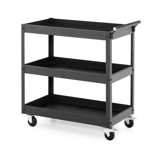 BOXED COSTWAY BLACK 3 SHELF ROLLING METAL UTILITY CART WITH ERGONOMIC HANDLE