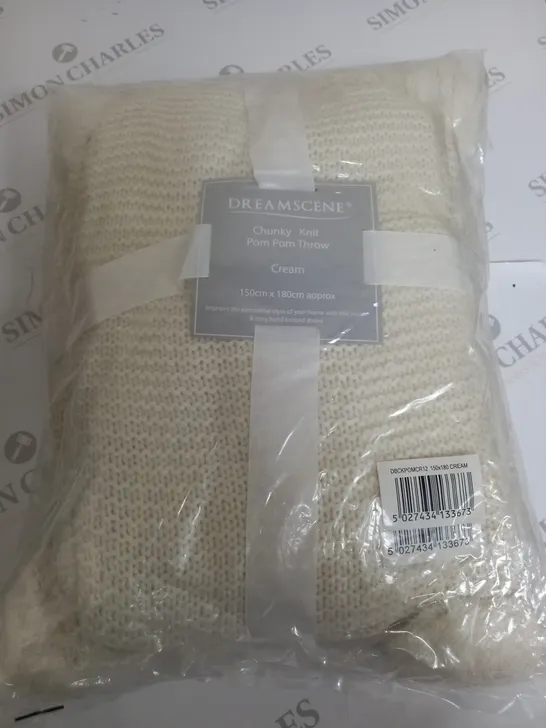 BAGGED DREAMSCENE CHUNKY KNIT POM POM THROW IN CREAM - 150X180CM