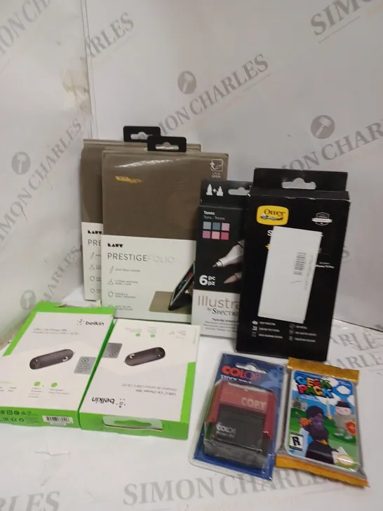 BOX OF APPROXIMATLEY 15 ASSORTED ITEMS TO INCLUDE IPAD MINI CASE, SPECTRUM NOIR PENS, USB-C CAR CHARGER ETC