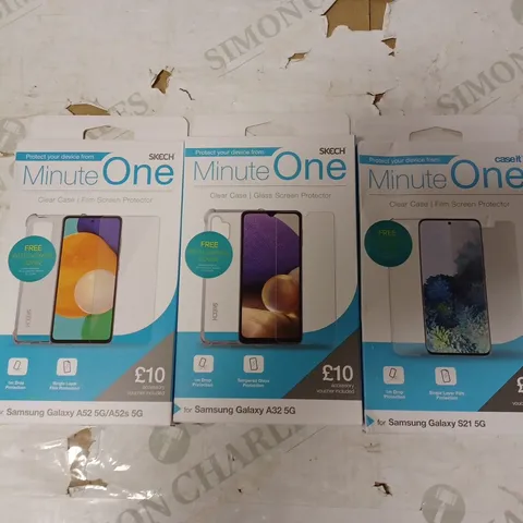 LOT OF 20 ASSORTED MINUTE ONE CLEAR CASE & SCREEN PROTECTOR KITS FOR SAMSUNG GALAXY S21-5G, A32-5G AND A52-5G