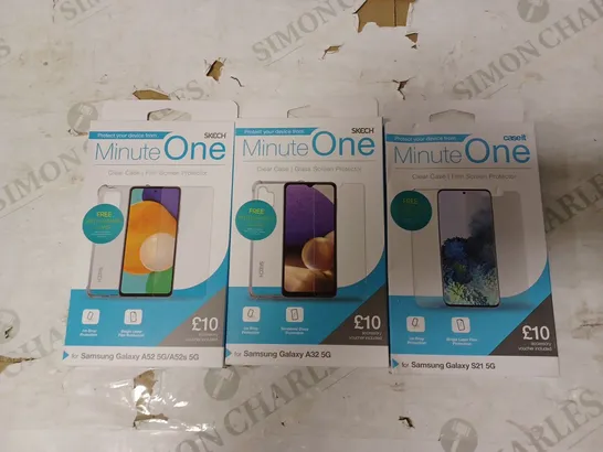 LOT OF 20 ASSORTED MINUTE ONE CLEAR CASE & SCREEN PROTECTOR KITS FOR SAMSUNG GALAXY S21-5G, A32-5G AND A52-5G