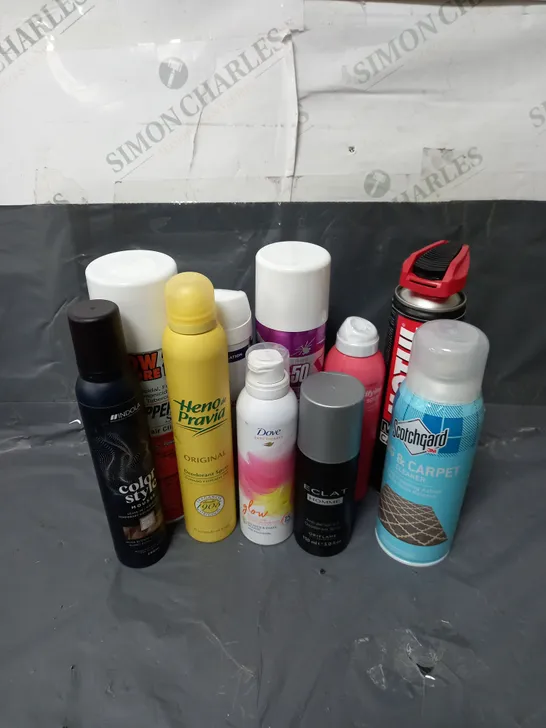 BOX OF APPROXIMATELY 10 ASSORTED AEROSOLS TO INCLUDE - SCOTCHGARD RUG & CARPET CLEANER - DERMALOGICA CLARIFYING BODY SPRAY - ACF-50 ANTI CORROSION FORMULA - ETC - COLLECTION ONLY