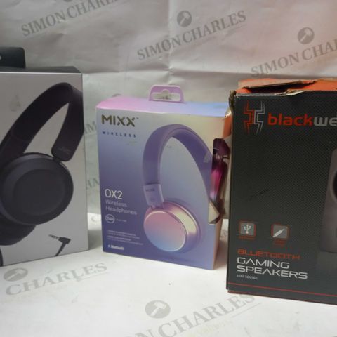 LOT OF APPROX 10 ASSORTED ITEMS TO INCLUDE JVC WIRED HEADPHONES, MIXX OX2 HEADPHONES, BLACKWEB GAMING BLUETOOTH SPEAKERS