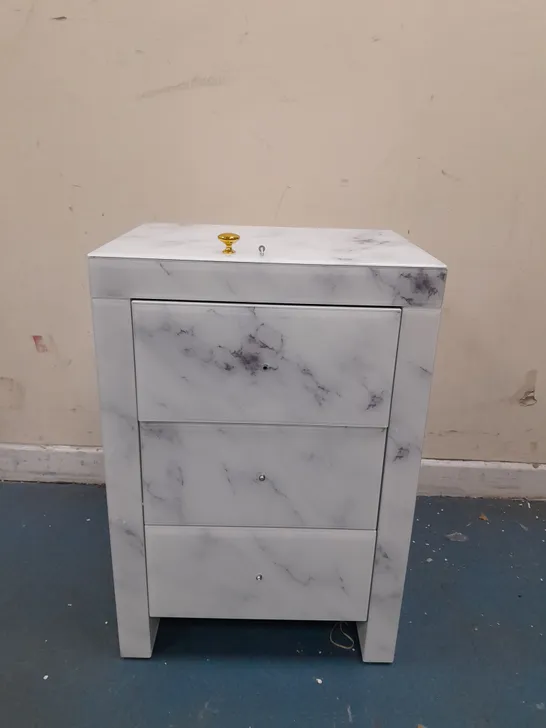 GLASS 3 DRAWER SIDE TABLE IN WHITE MARBLE GOLD KNOBS