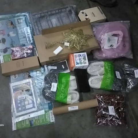 PALLET OF ASSORTED ITEMS INCLUDING: EDUCATIONAL PLACEMATS, ULTRAIDEAS MEN'S 8-9 COZY SLIPPERS, CHRISTMAS LIGHT UP GOLDEN STAR TREE TOPPER, IPAD GEN 2 10.6 CASE, RE:ZERO SWITCH GAME