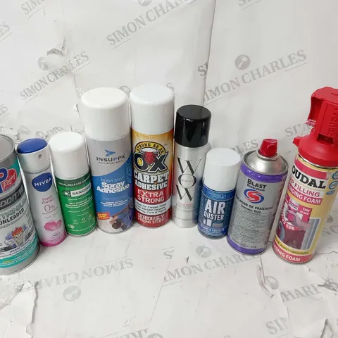 APPROXIMATELY 18 ASSORTED AEROSOL SPRAYS TO INCLUDE; VP RACING FUELS, NIVEA, INSUPPA, STONG AS AN OX, WOW, BLAST AND SOUDAL