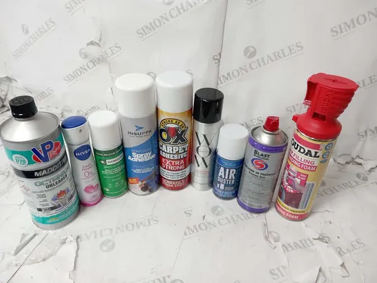 APPROXIMATELY 18 ASSORTED AEROSOL SPRAYS TO INCLUDE; VP RACING FUELS, NIVEA, INSUPPA, STONG AS AN OX, WOW, BLAST AND SOUDAL