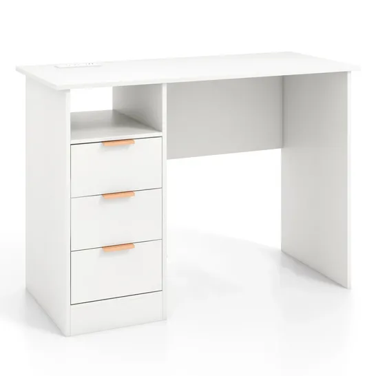 BOXED HOME OFFICE DESK WITH POWER OUTLET AND 3 STORAGE DRAWERS - WHITE