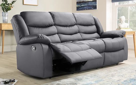 BOXED DESIGNER SORRENTO GREY FAUX LEATHER MANUAL RECLINING THREE SEATER SOFA