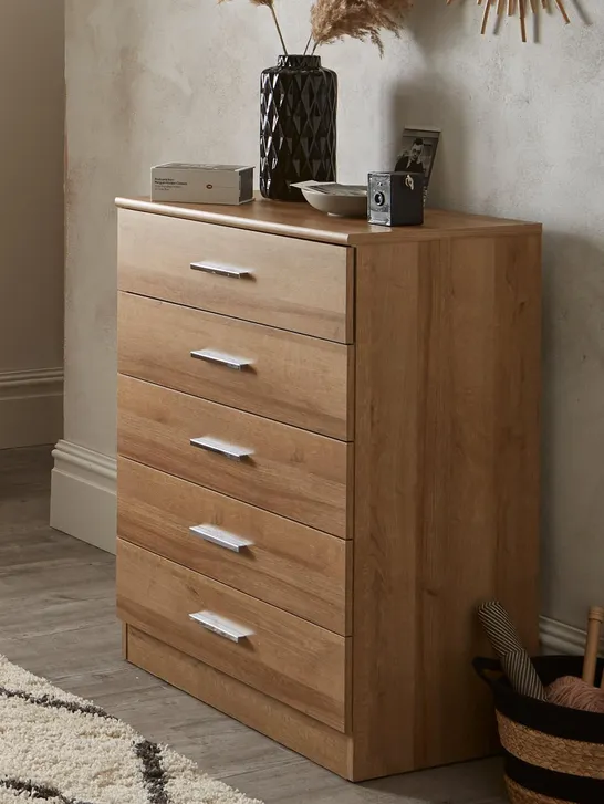 BOXED PANAMA 5 DRAWER CHEST - OAK1 BOX) - COLLECTION ONLY RRP £139