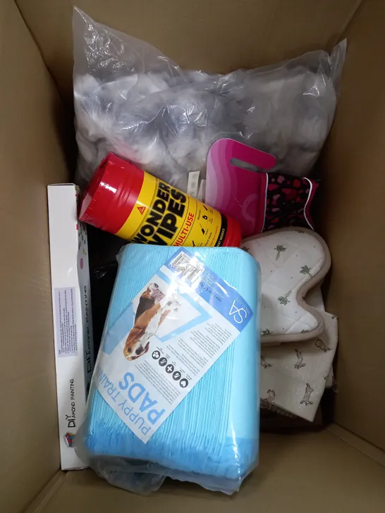 BOX OF APPROXIMATELY 10 ITEMS TO INCLUDE WONDER WIPES, PUPPY PADS, OVEN GLOVES ETC