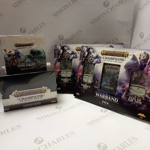 SET OF 4 WARHAMMER AGE OF SIGMAR CHAMPIONS ITEMS TO INCLUDE BOOSTER PACKS, CAMPAIGN DECKS AND 2X WARBAND PACK