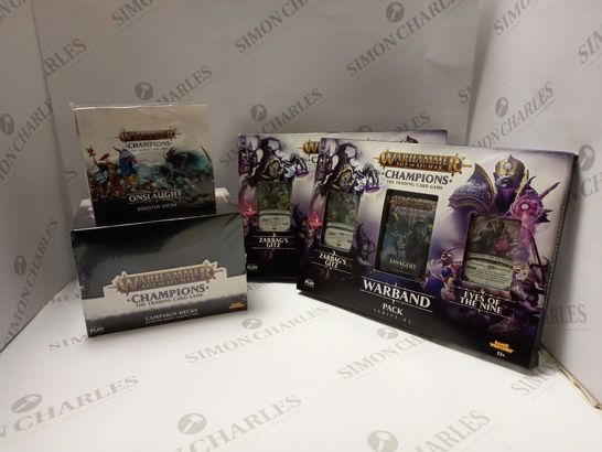 SET OF 4 WARHAMMER AGE OF SIGMAR CHAMPIONS ITEMS TO INCLUDE BOOSTER PACKS, CAMPAIGN DECKS AND 2X WARBAND PACK